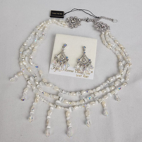 FAC Silver Pacifico AB Crystal Fresh Water Pearl Beaded Chandelier Necklace Set - Picture 1 of 15
